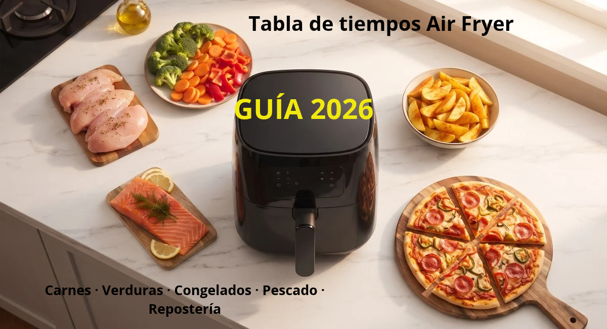 Tabla de tiempos y temperaturas Air Fryer 2026 con los principales alimentos para cocinar en freidora de aire.